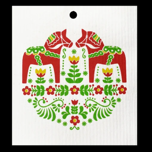 Clearance Swedish Dishcloths Swedish Dishcloth - Dala Horse with Flowers ${1}